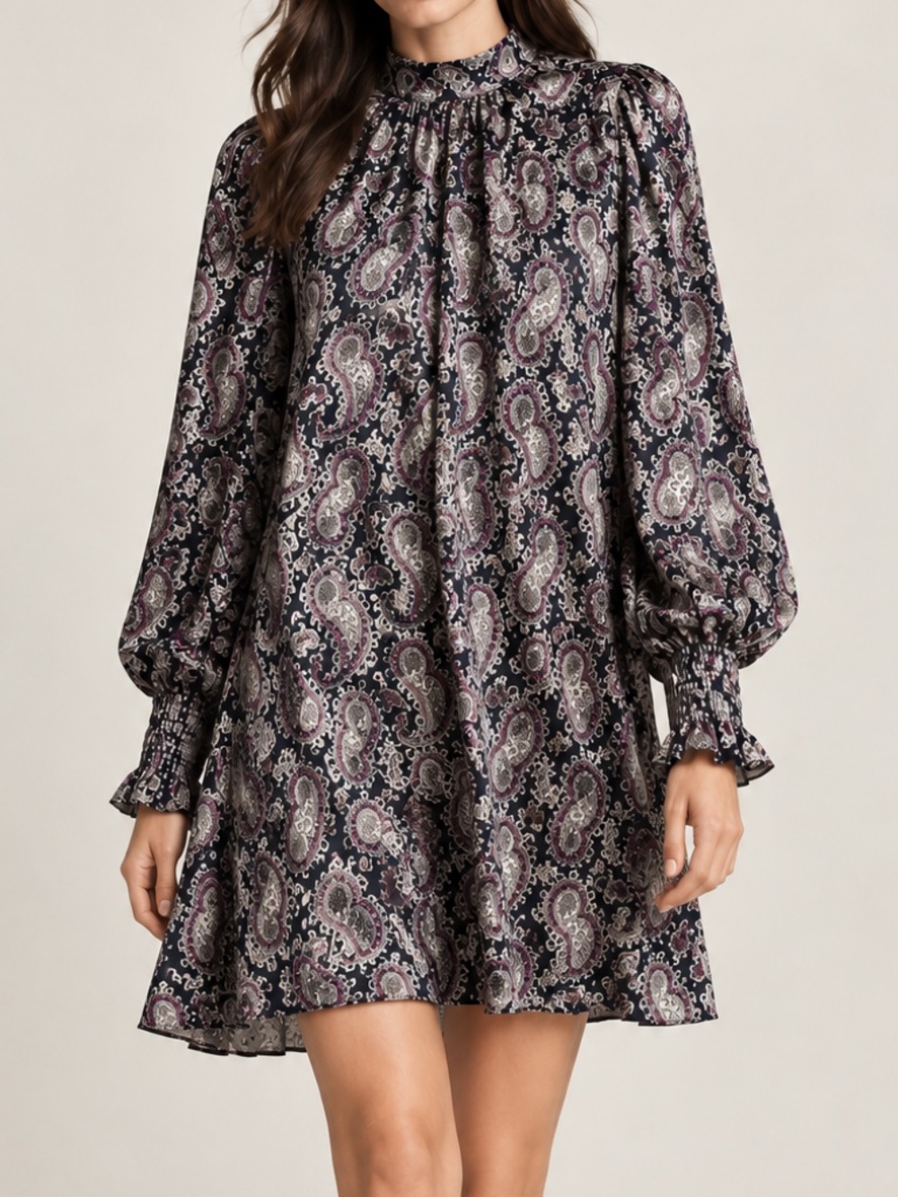 Banana Republic  Paisley Satin Dress Neck Tie Smocked Cuff  sz XS